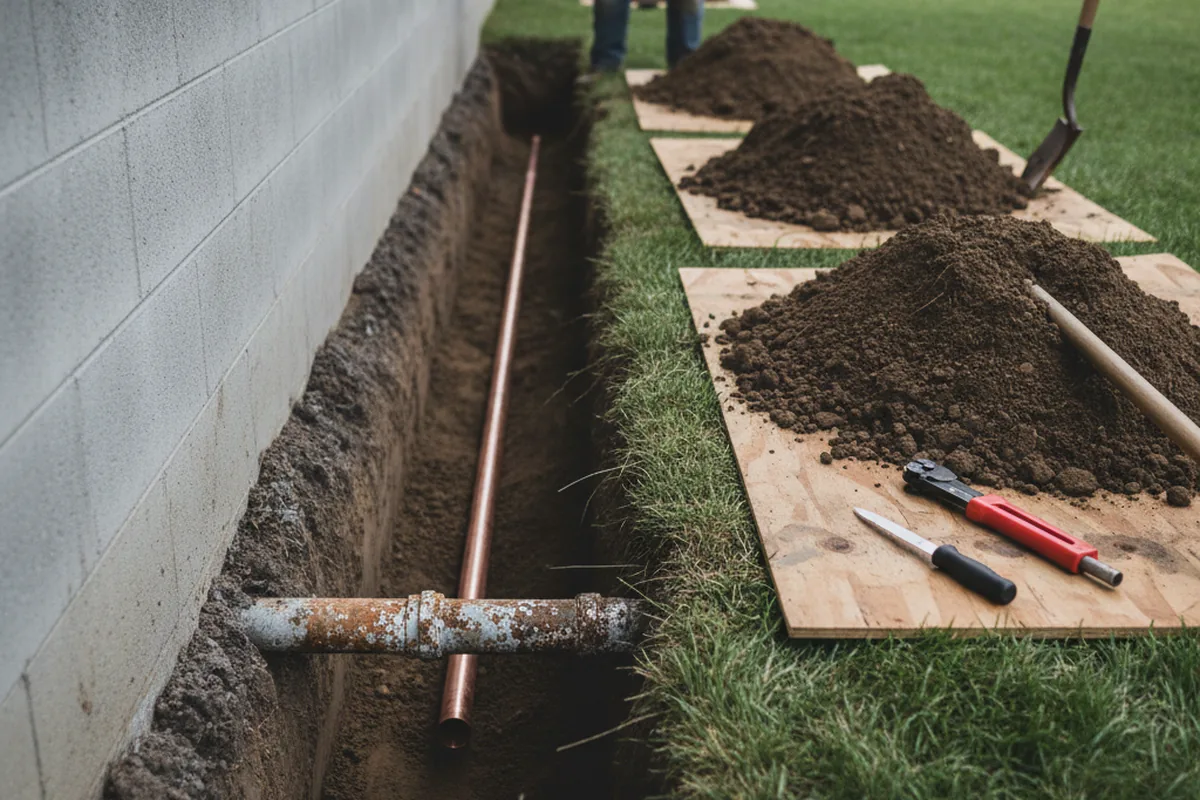 Excavated water line trench during Sewer Line Repair in Danbury
